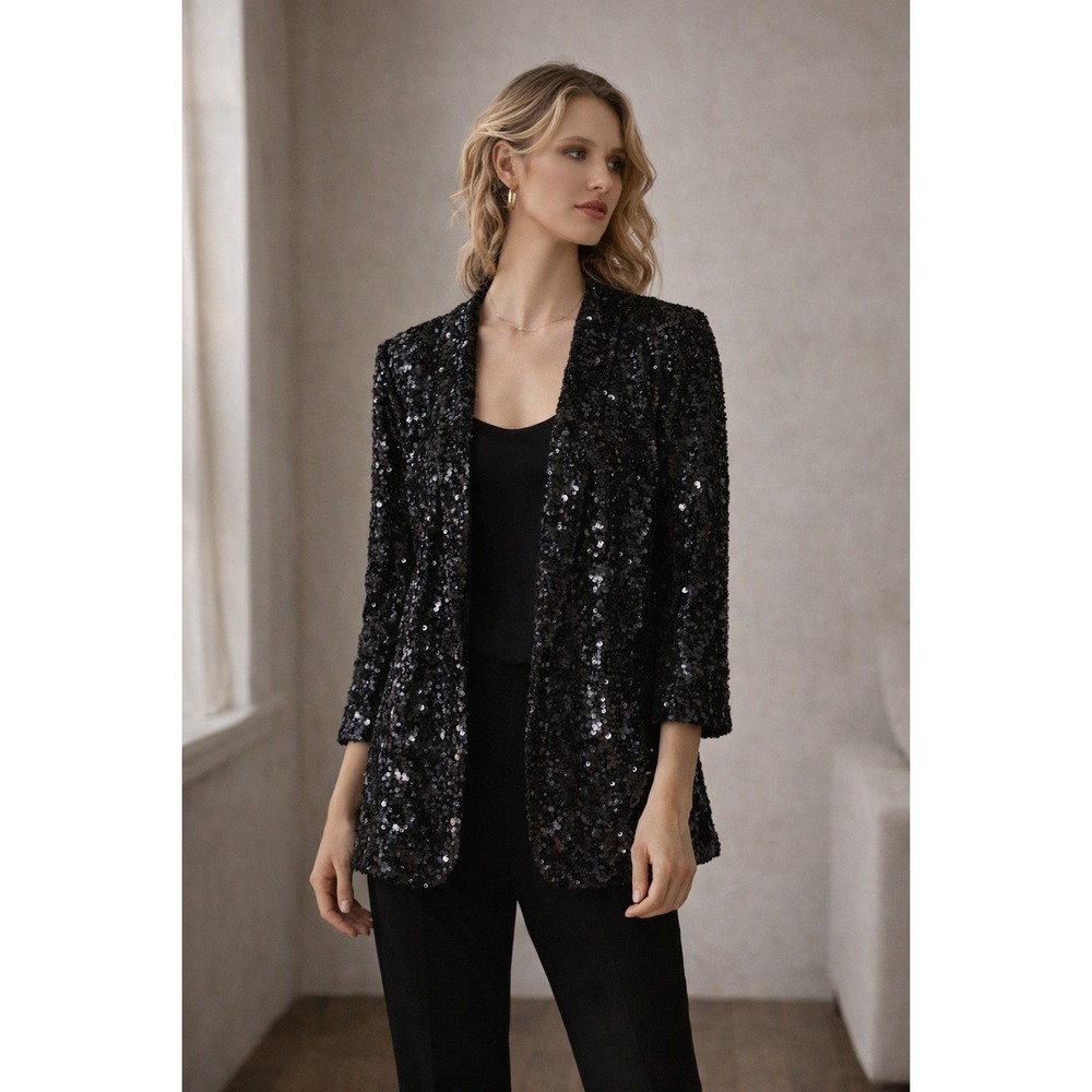 Aqua Luxe‎ Womens Black Sequin Open Front Blazer Jacket Size S Holiday Party